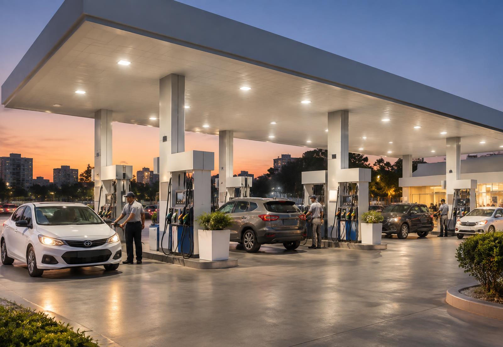 Unidade de posto de combustível em operação ao entardecer, com veículos sendo atendidos